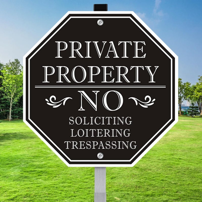 MongFun No Trespassing Signs Private Property, No Soliciting Sign for House, 10 x 10 Inches No Loitering Aluminum Metal Signs with 28 Inches Long Stakes for Outdoor Yard (Black/White) - Image 1